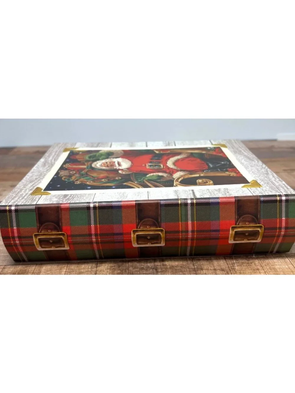 Decorative Christmas Santa Book-Shaped Storage Box With Plaid Interior